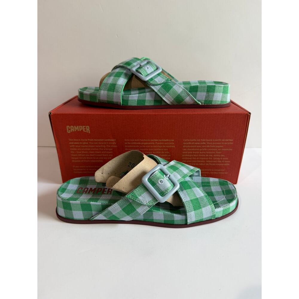 CAMPER GINGHAM SLIDES GREEN AND BLUE NIB 9/40